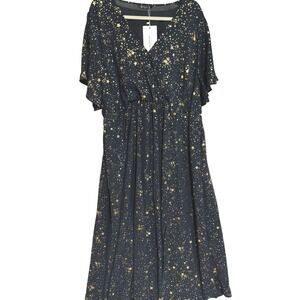 New Navy & Gold Star Print V Neck Flutter Sleeve Maxi Dress Boho Sz 26 Celestial